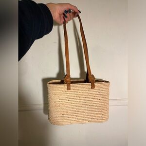 Woven Straw Tote Bag with Brown Leather Handles